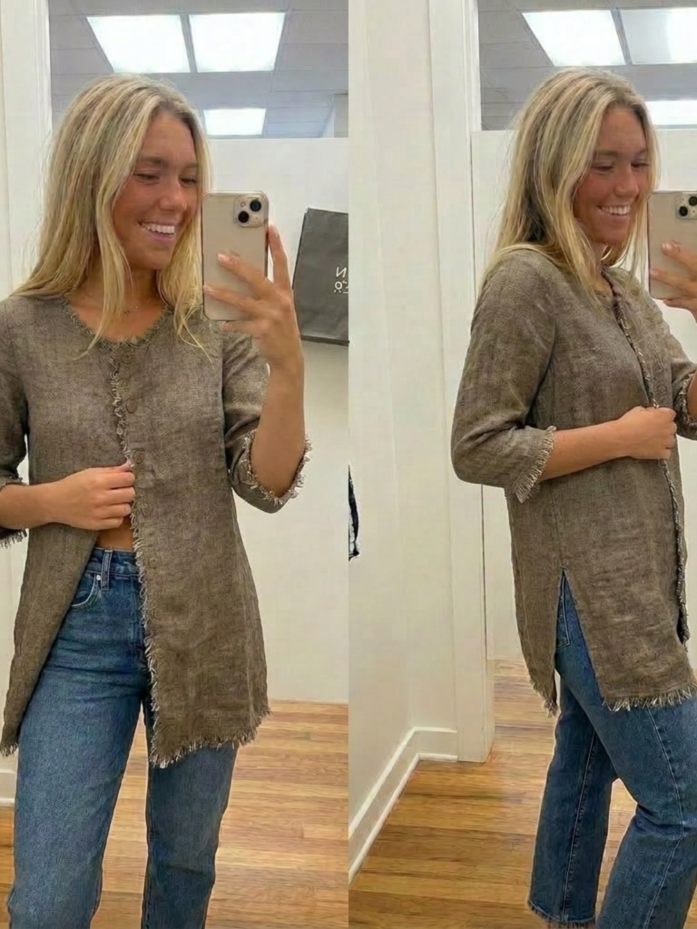 Sheer Button-Front Eileen Fisher Top in heather gray not blue almost brown.